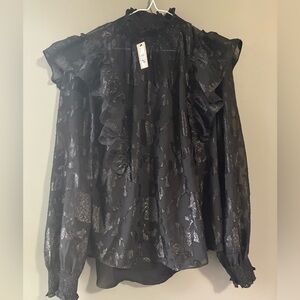 NWT RW&Co size large Elegant Black Ruffled Women's Blouse Top sheer mesh